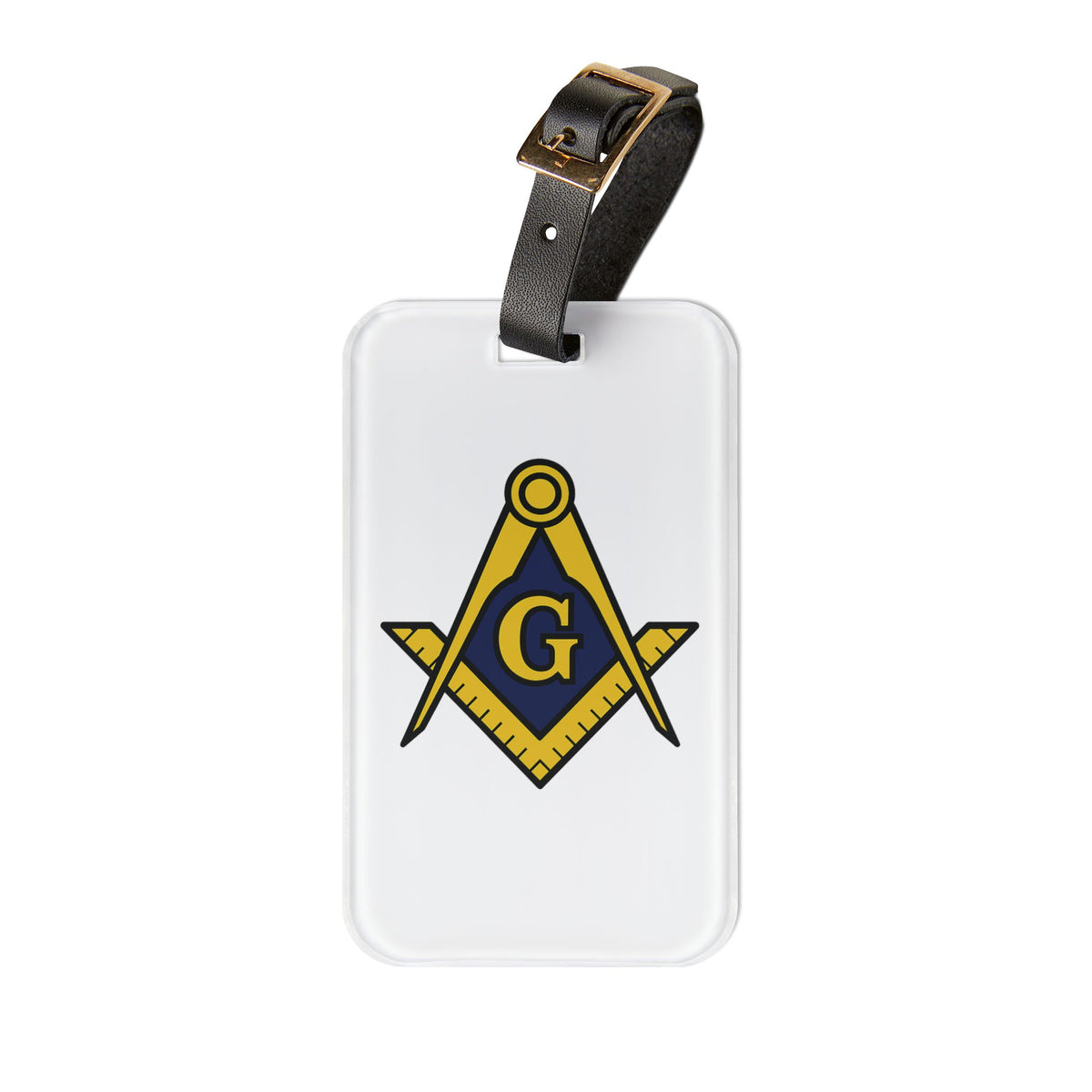 Master Mason Blue Lodge Luggage Tag - White S&C G With Black Leather Strap - Bricks Masons
