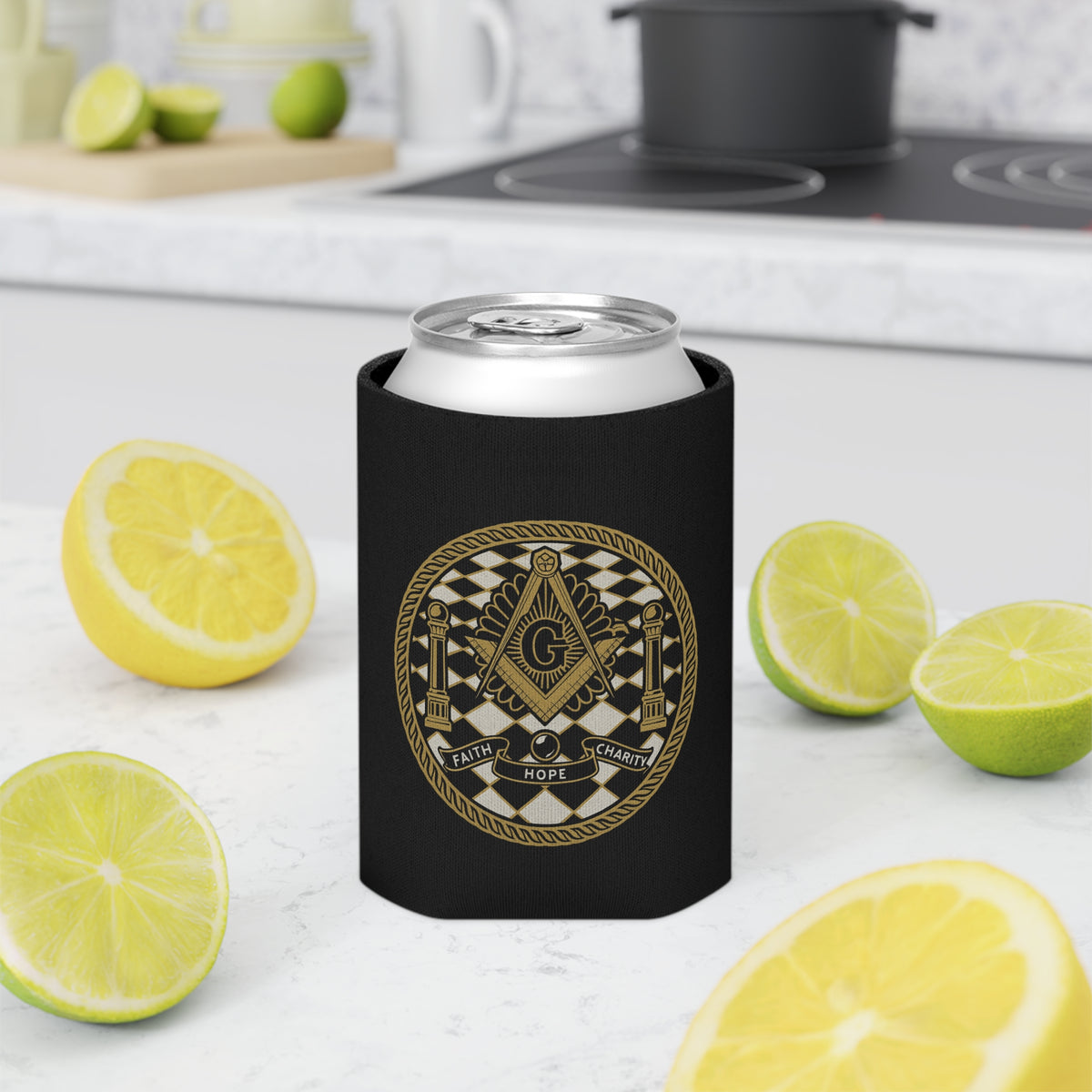Master Mason Blue Lodge Can Cooler - Faith Hope Charity Gold Square & Compass - Bricks Masons