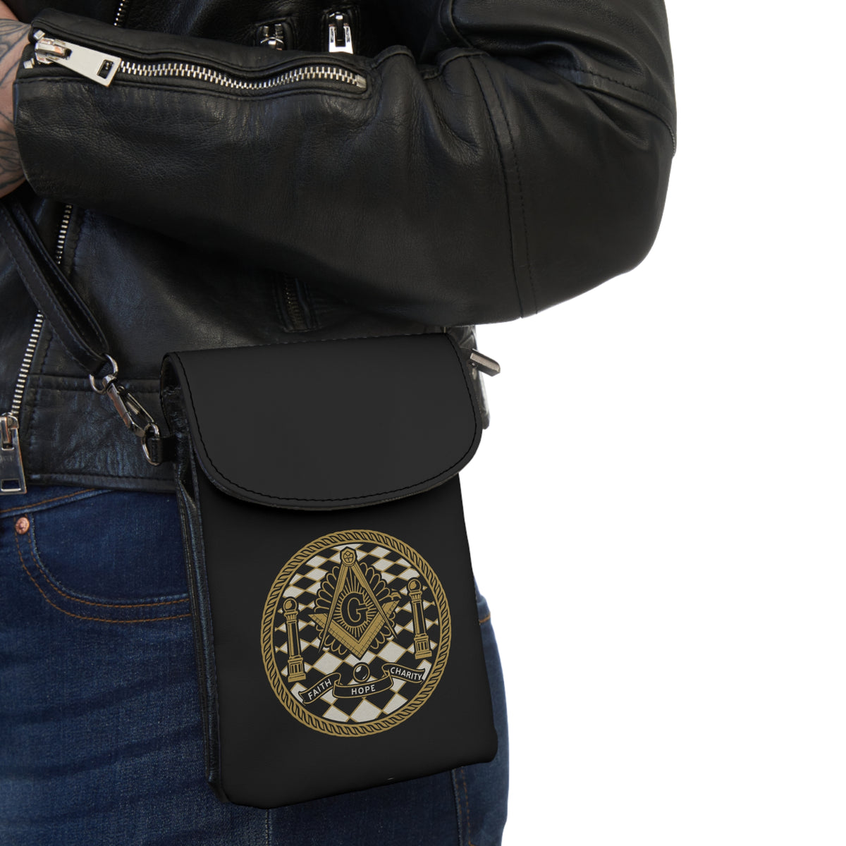 Master Mason Blue Lodge Cell Phone Wallet - Faith Hope Charity Microfiber Leather - Bricks Masons