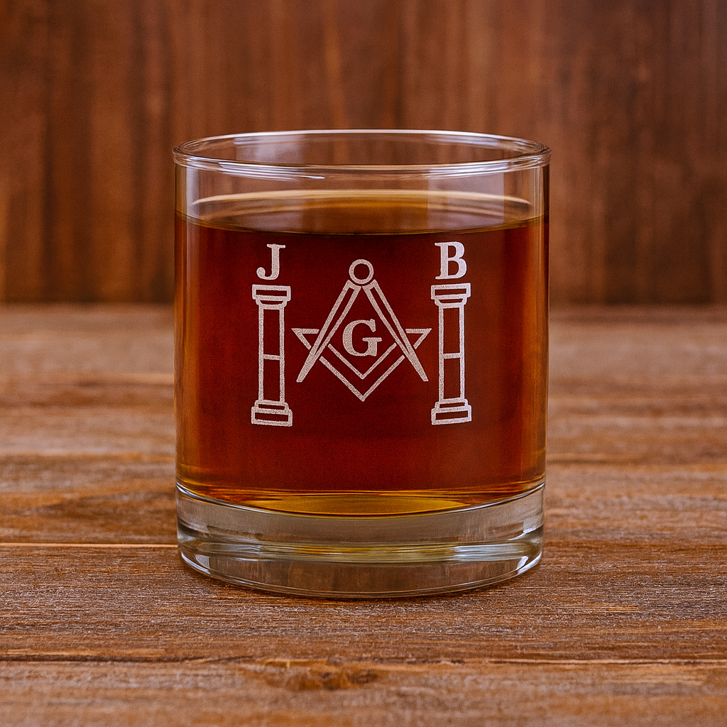 Master Mason Blue Lodge Whiskey Glass - Square & Compass G with J&B Pillars