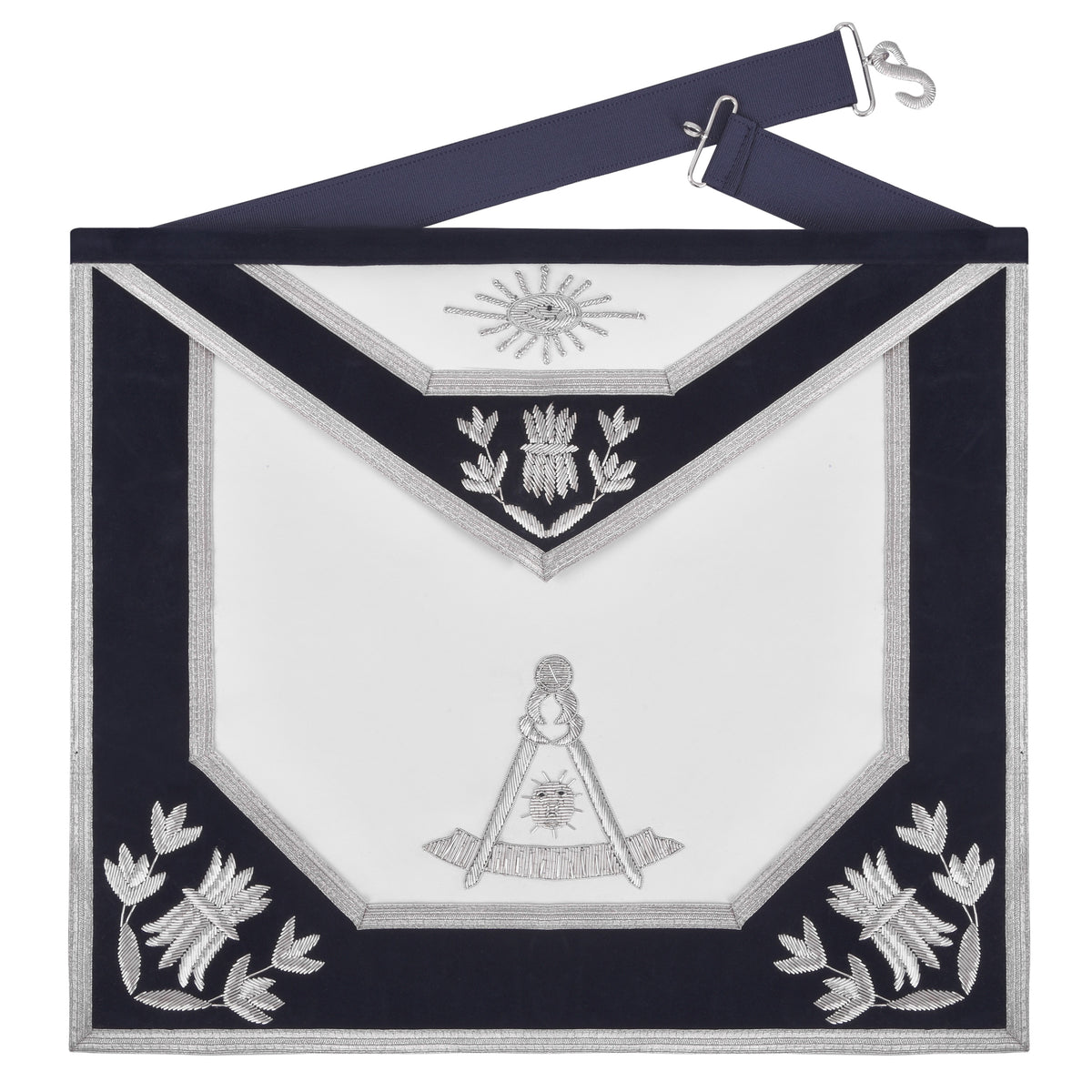 Past Master Blue Lodge Apron - Navy Velvet Borders & Silver Bullion Hand Embroidery - Bricks Masons