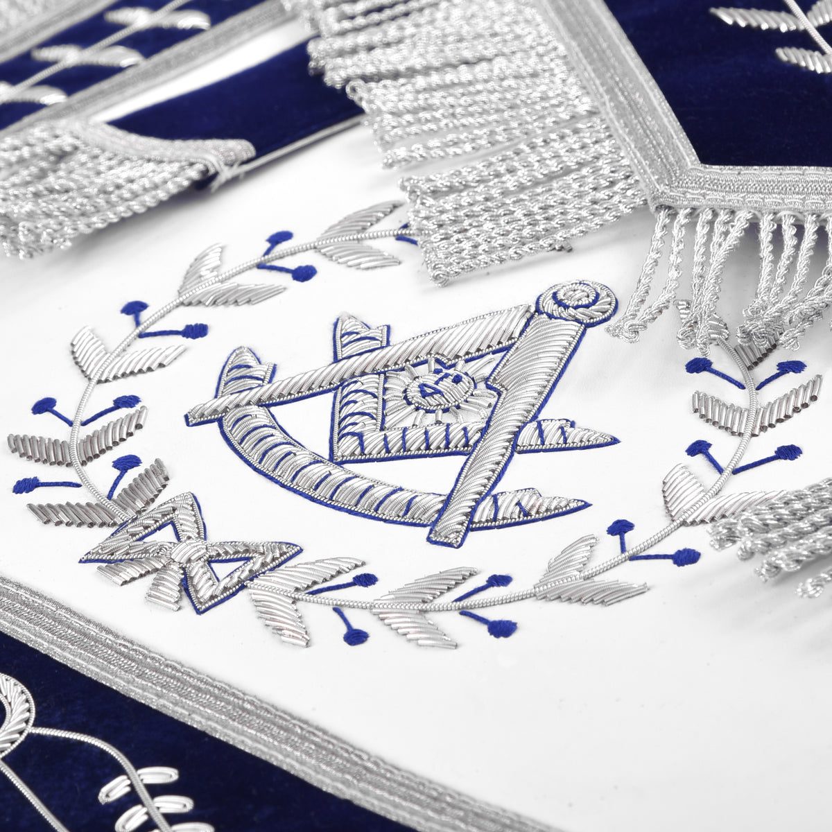 Past Master Blue Lodge Apron - Royal Blue Velvet Silver Bullion With Wreath & Fringe - Bricks Masons