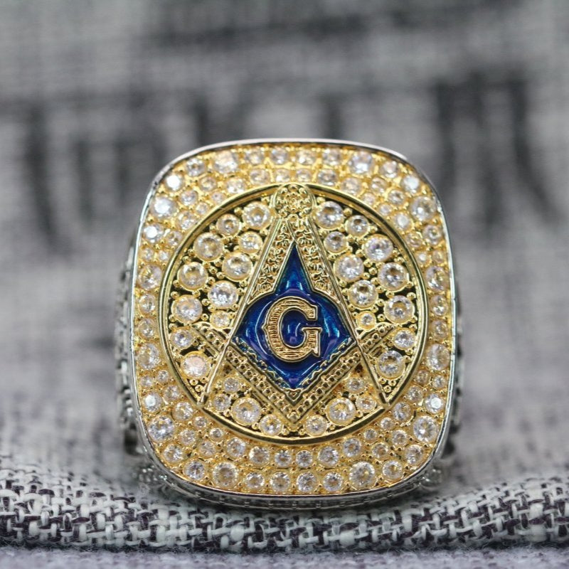 Master Mason Blue Lodge Ring - 18k Yellow Gold Face With Rhinestone - Bricks Masons
