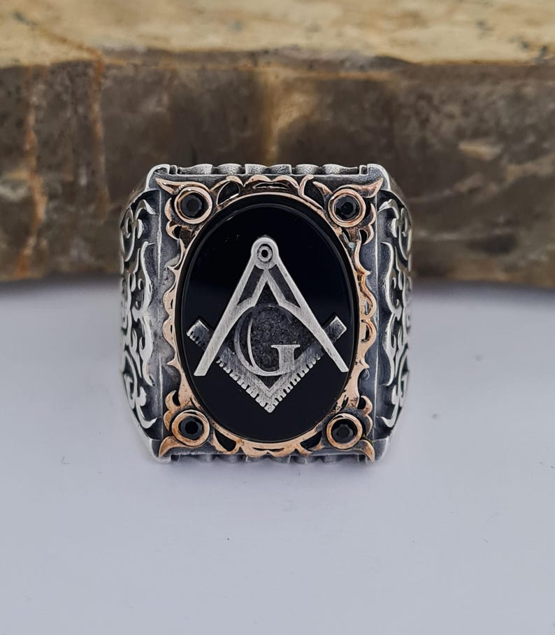 Master Mason Blue Lodge Ring - Handmade Sterling Silver Onyx - Bricks Masons