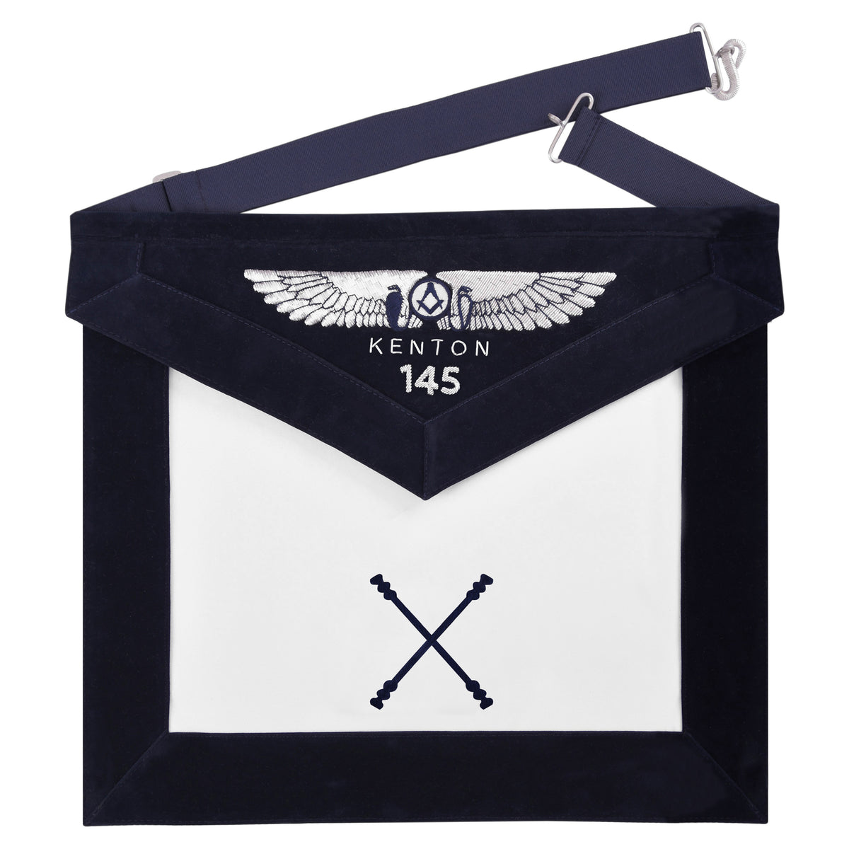 Marshal Blue Lodge Officer Apron - Kenton Lodge Navy Velvet With Silver Embroidery Thread - Bricks Masons