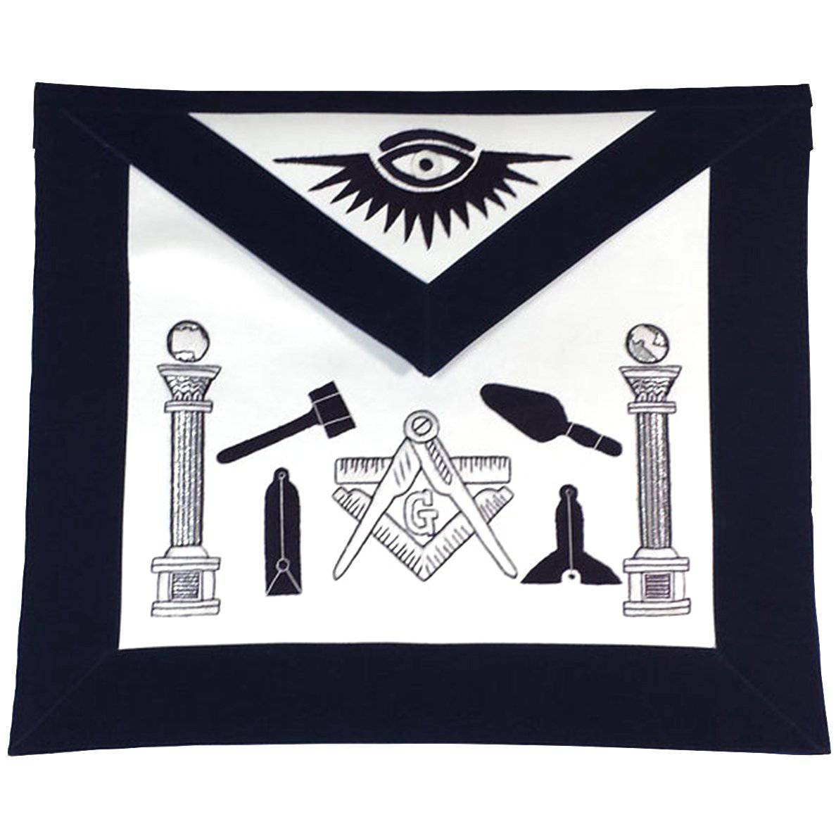 Master Mason Blue Lodge Apron - Navy Blue & White Silk Threads Hand Embroidery - Bricks Masons