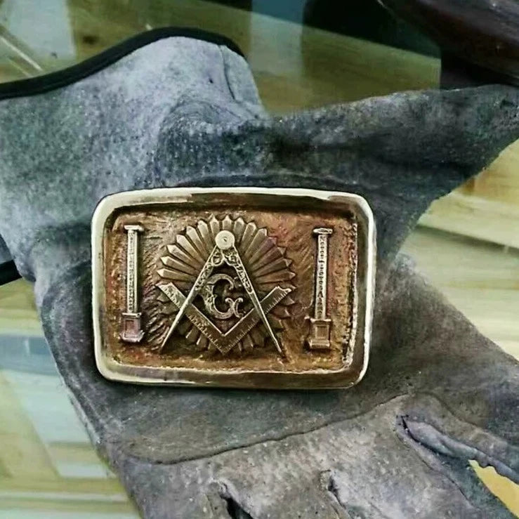 Master Mason Blue Lodge Belt Buckle - Copper Handmade Square & Compass G Lodge - Bricks Masons