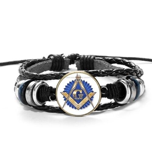 Master Mason Blue Lodge Bracelet - Gold Compass And Square G Leather - Bricks Masons