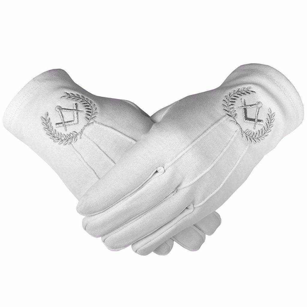 Master Mason Blue Lodge Gloves - White Cotton with Silver Square & Compass - Bricks Masons