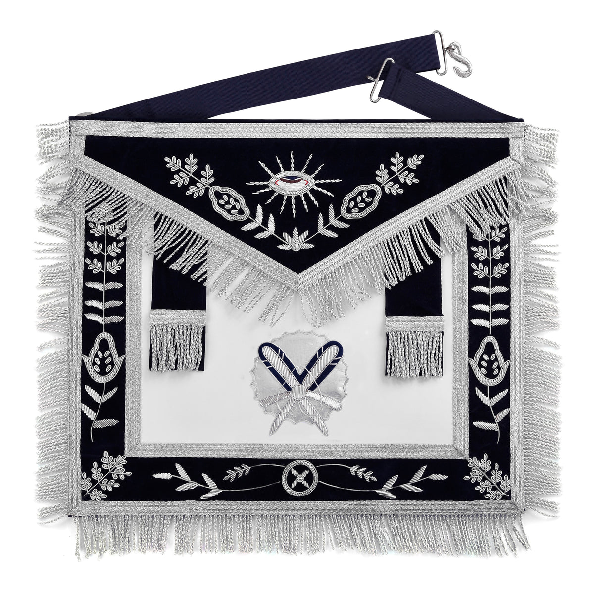 Secretary Blue Lodge Officer Apron - Dark Blue With Silver Hand Embroidery Bullion - Bricks Masons