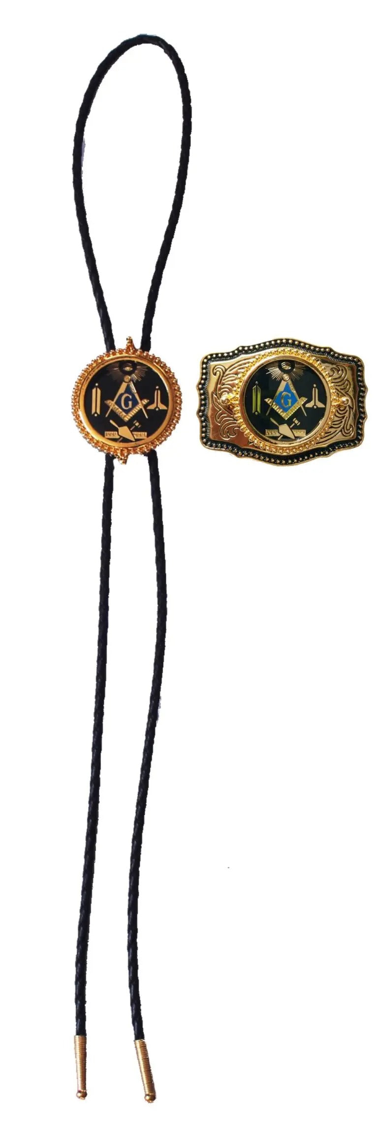 Master Mason Blue Lodge Bolo Tie - Black & Gold Filigree Square & Compass - Bricks Masons