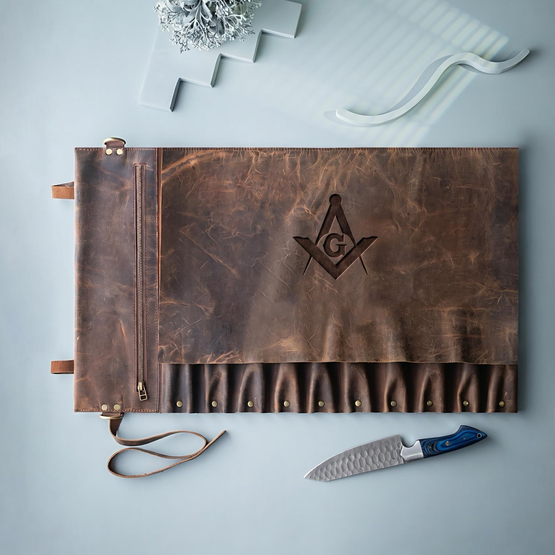 Master Mason Blue Lodge Knife Roll - Square & Compass G 10 Slot Custom Leather Roll - Bricks Masons