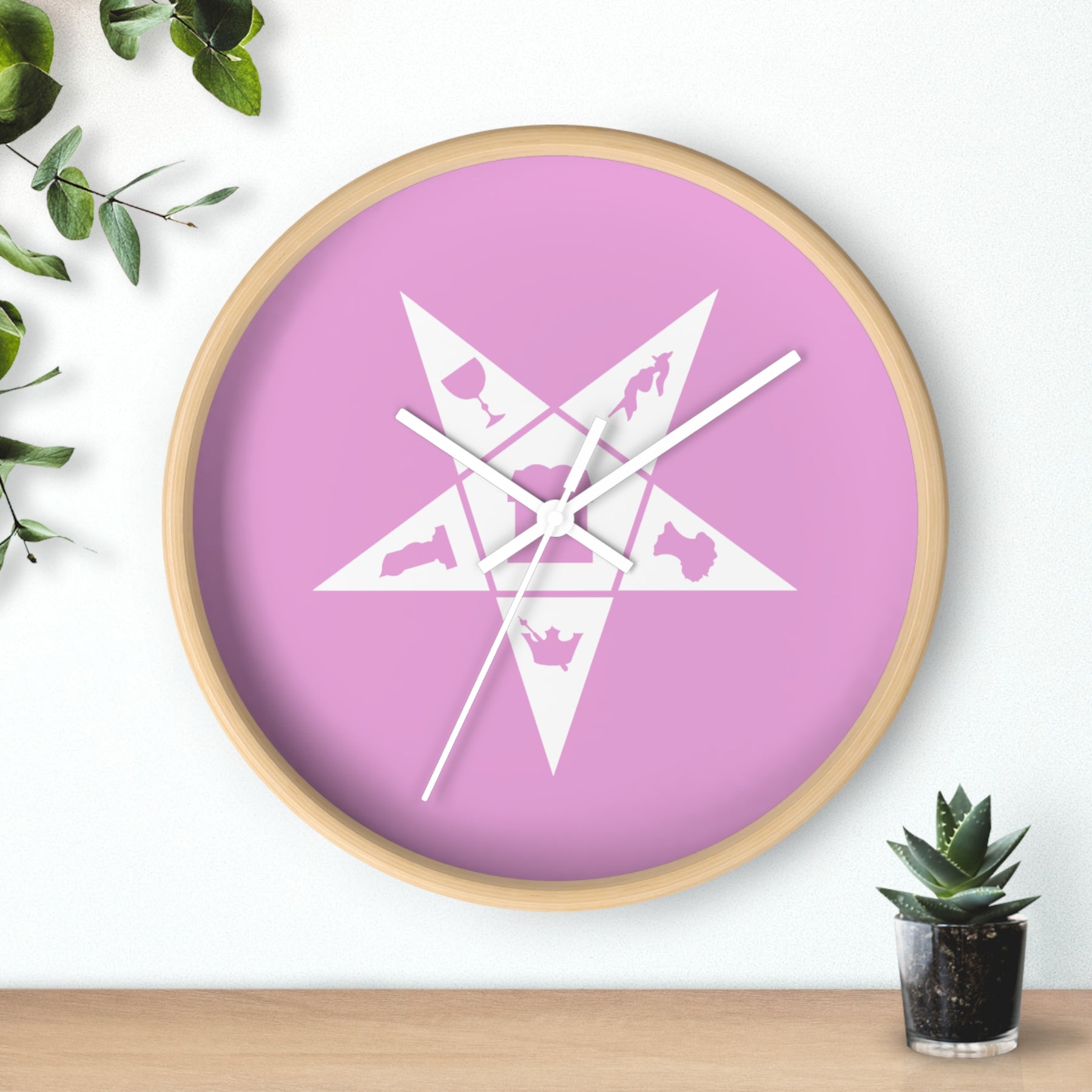 OES Clock - Wood Frame with White OES Emblem on Pink Dial - Bricks Masons
