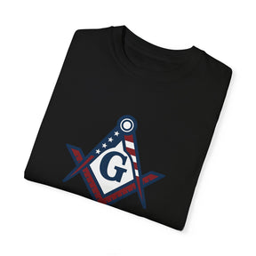 Master Mason Blue Lodge T-Shirt - Garment-Dyed USA Flag Mason - Bricks Masons