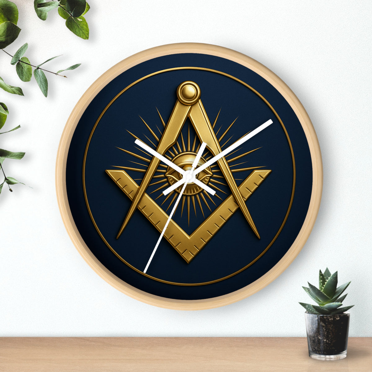 Master Mason Blue Lodge Clock - Wood Frame with Eye Square & Compass Symbol - Bricks Masons