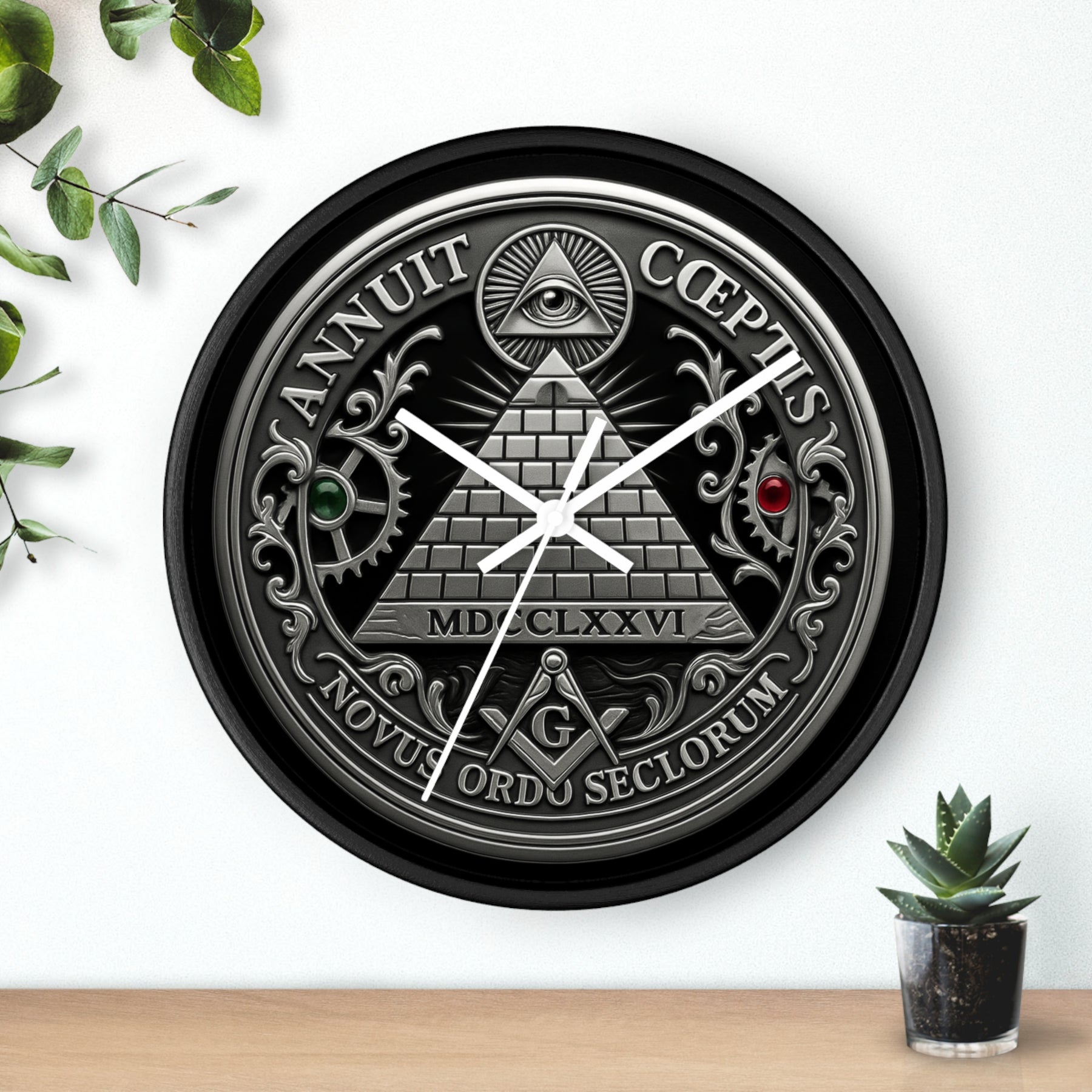 Master Mason Blue Lodge Clock - S&C with Pyramid & All Seeing Eye Latin Motto - Bricks Masons