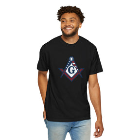 Master Mason Blue Lodge T-Shirt - Garment-Dyed USA Flag Mason - Bricks Masons