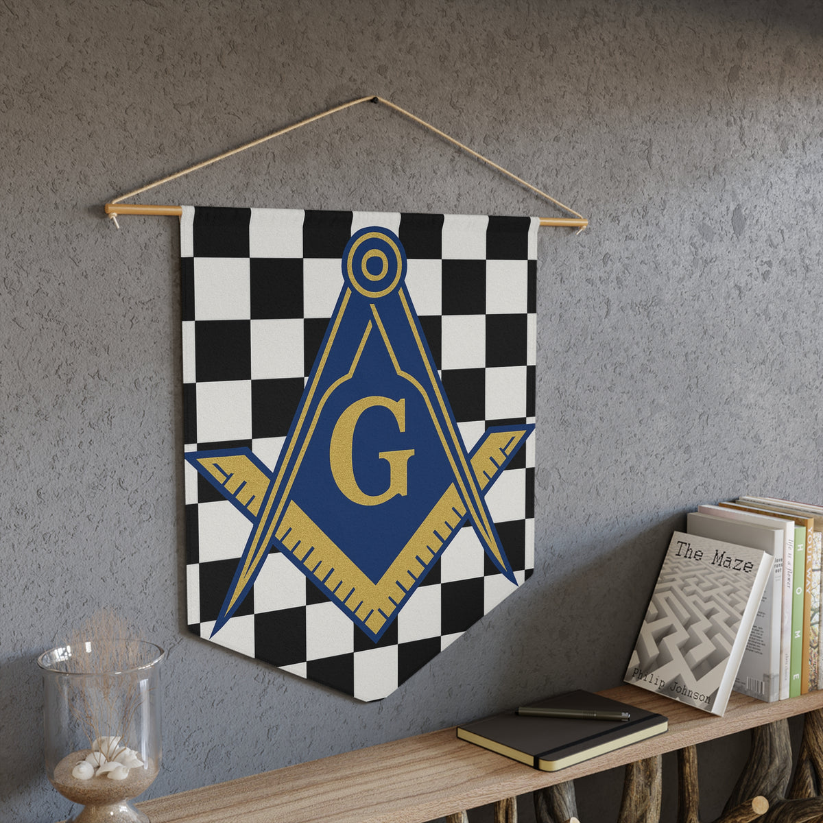 Master Mason Blue Lodge Pennant - S & C G Surrounded by Checkered Design - Bricks Masons