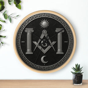 Master Mason Blue Lodge Clock - S&C with Pillars Sun & Moon on Wooden Frame - Bricks Masons