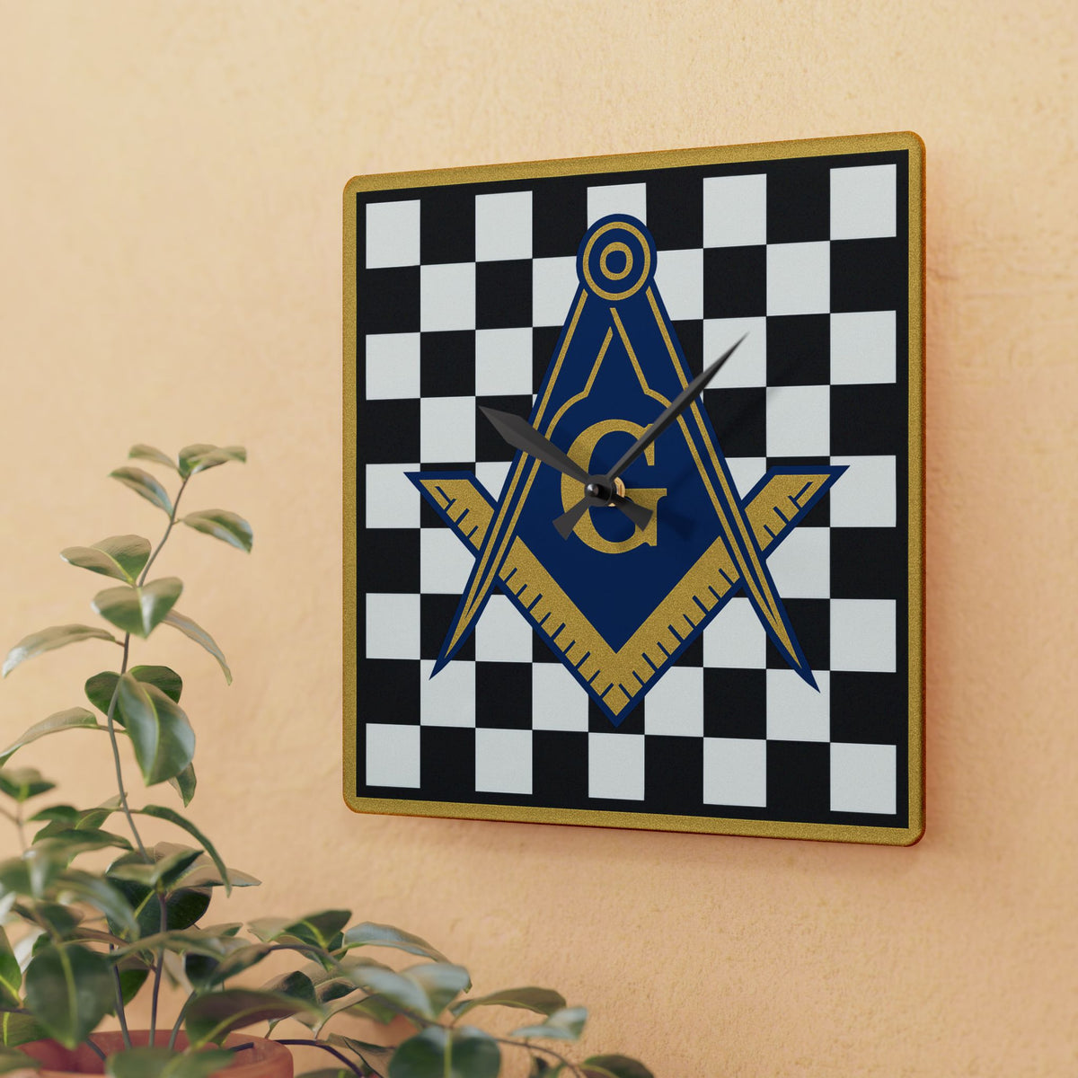 Master Mason Blue Lodge Clock - Golden Compass & Square G on Checkered Dial - Bricks Masons
