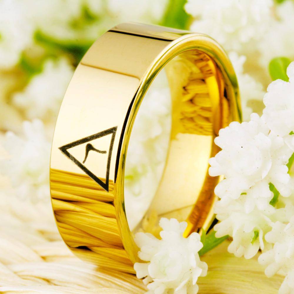 14th Degree Scottish Rite Ring - Gold Color Pipe Cut Tungsten Personalizable - Bricks Masons