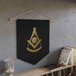 Past Master Blue Lodge Pennant - S&C with Sun and Quadrant on Black Polyester Twill - Bricks Masons