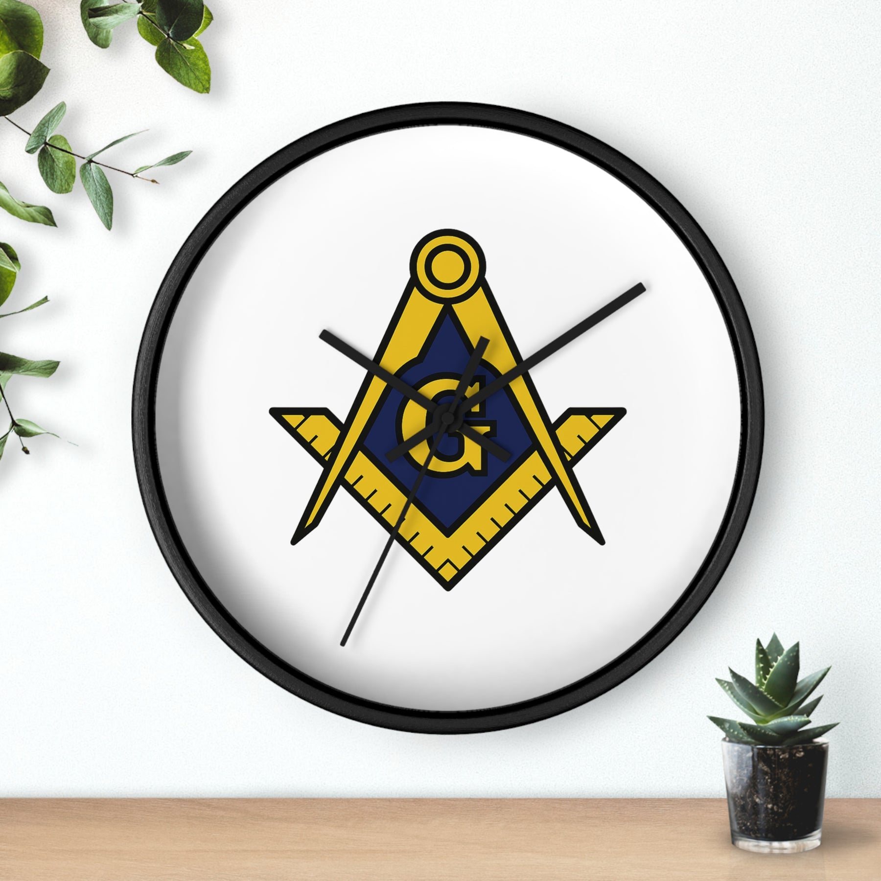 Master Mason Blue Lodge Clock - Wood Frame with Golden Square & Compass G - Bricks Masons