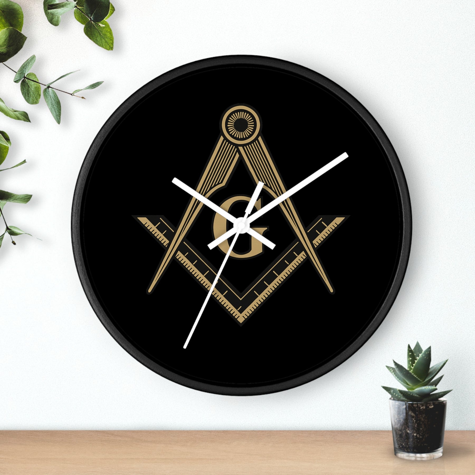Master Mason Blue Lodge Clock - Golden S&C G on Black Dial - Bricks Masons
