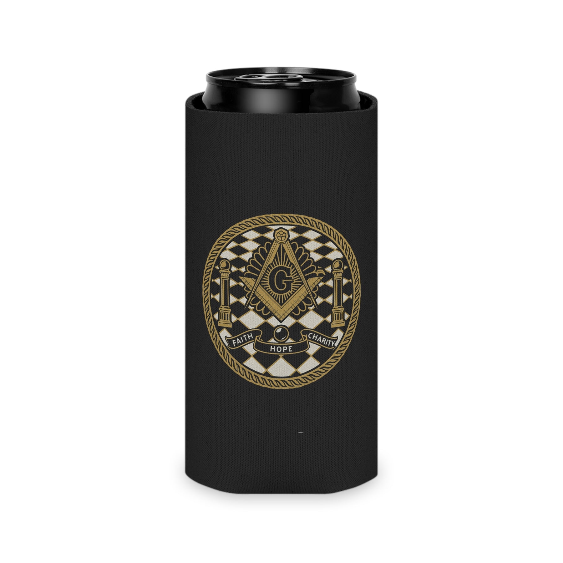 Master Mason Blue Lodge Can Cooler - Faith Hope Charity Gold Square & Compass - Bricks Masons