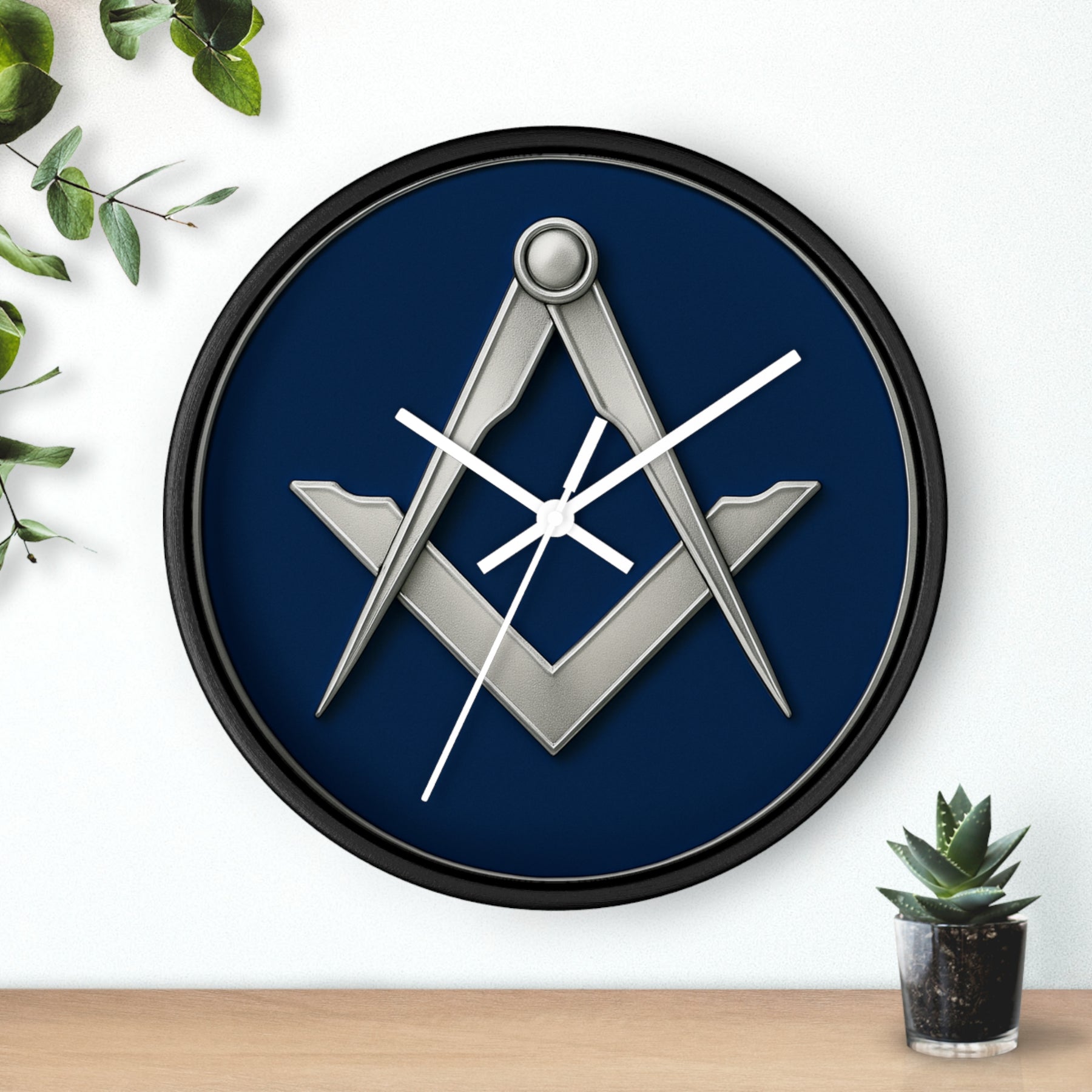 Master Mason Blue Lodge Clock - Minimalist Square & Compass in Wooden Frame - Bricks Masons