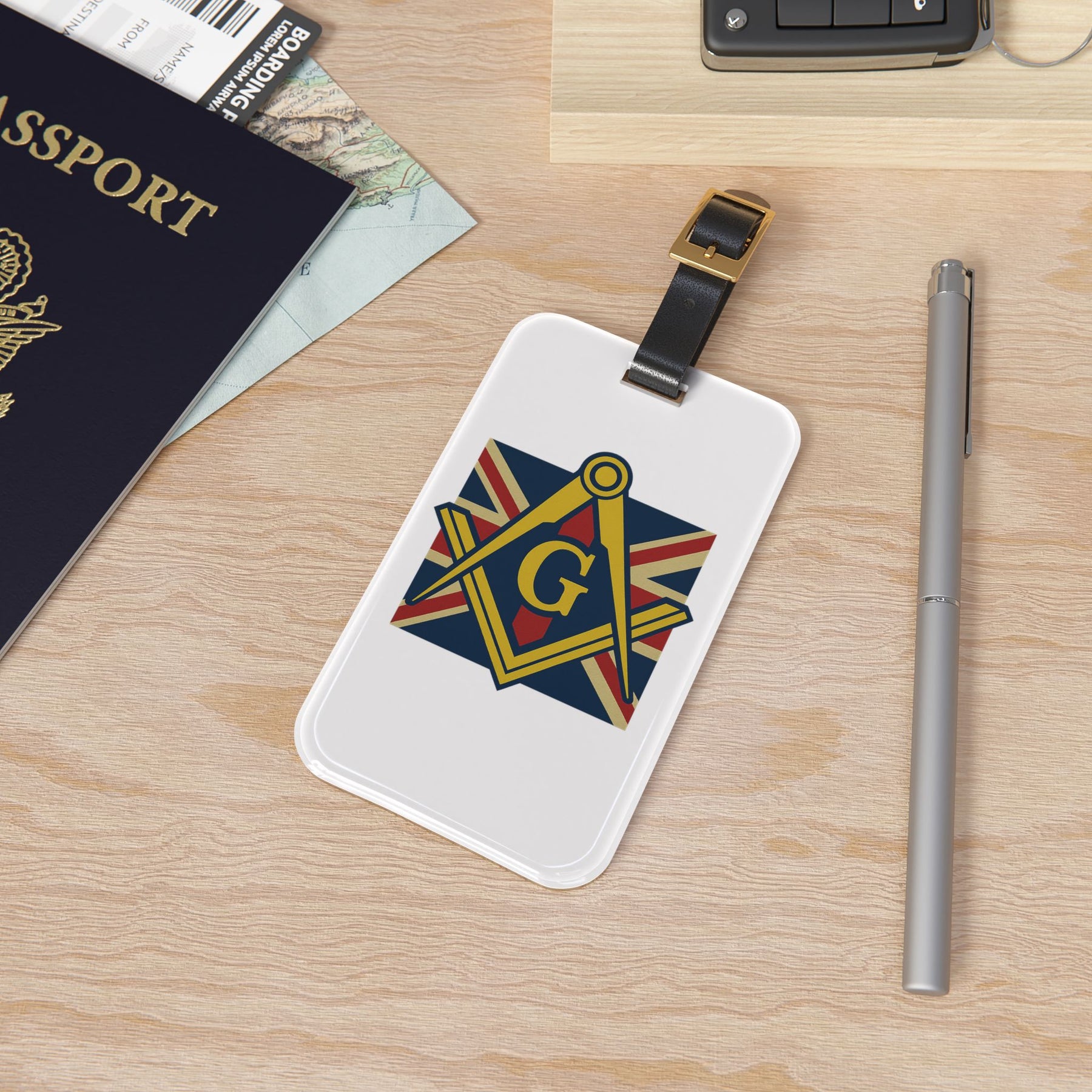 Master Mason Craft Luggage Tag - White With Black Leather Strap - Bricks Masons