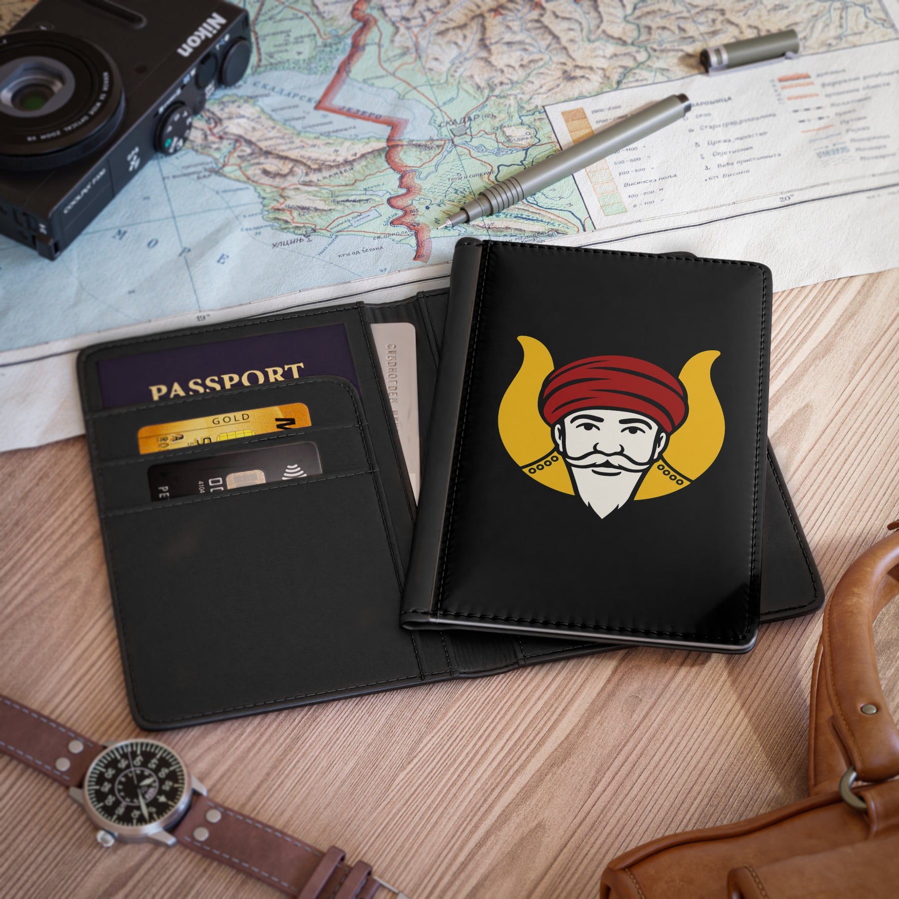 GROTTO Passport Cover - Black PU Leather - Bricks Masons