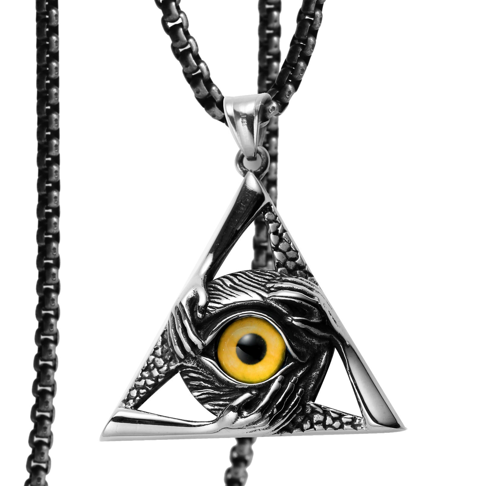 Eye Of Providence Necklace - Silver Stainless Steel Yellow All Seeing Eye Pendant - Bricks Masons