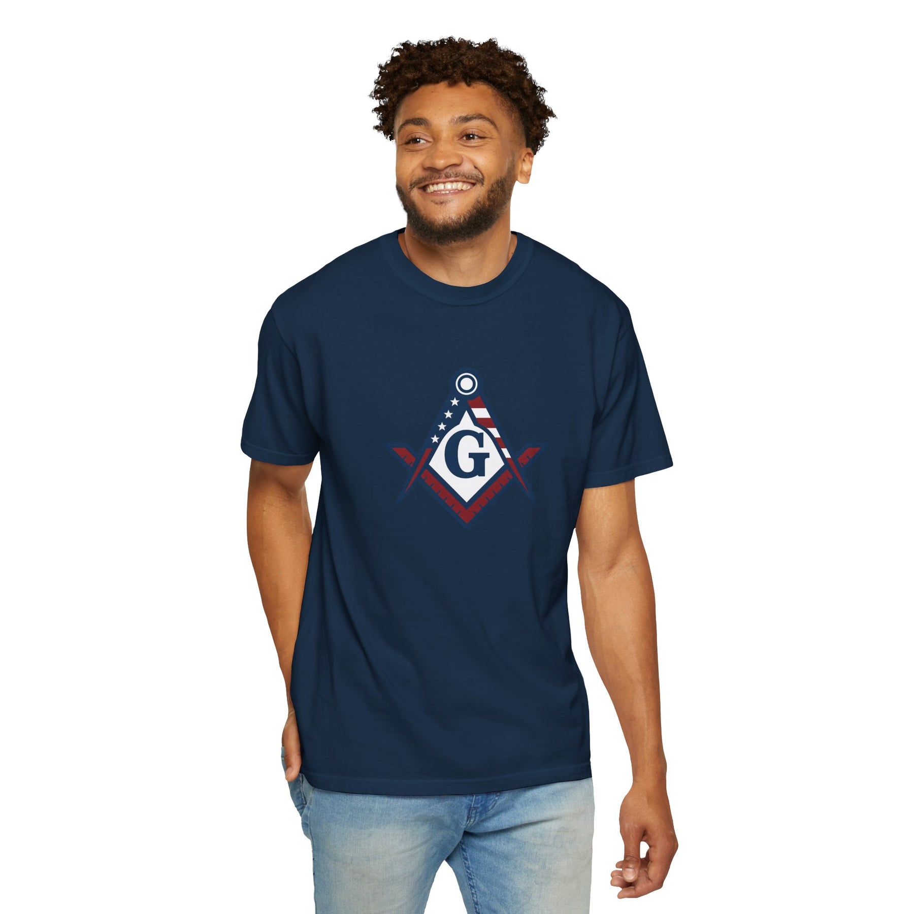 Master Mason Blue Lodge T-Shirt - Garment-Dyed USA Flag Mason - Bricks Masons