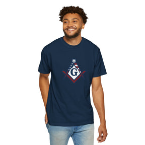 Master Mason Blue Lodge T-Shirt - Garment-Dyed USA Flag Mason - Bricks Masons