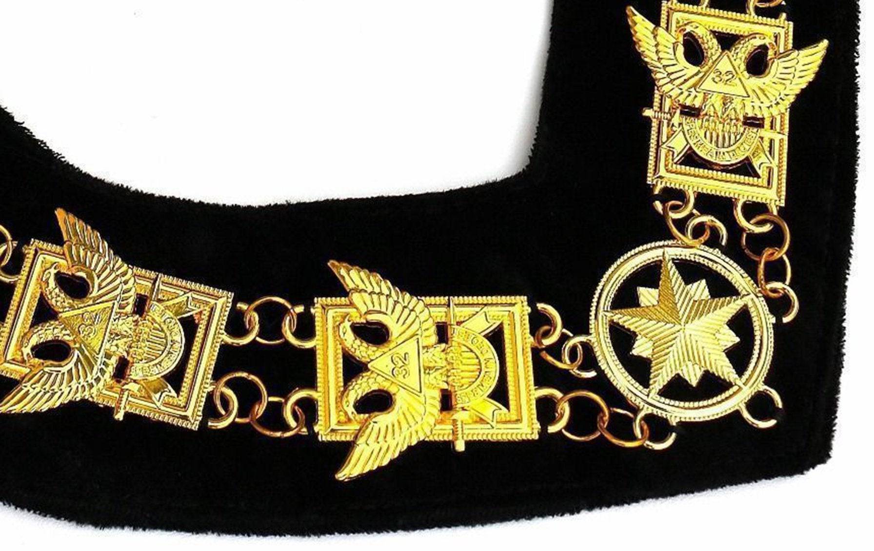 32nd Degree Scottish Rite Chain Collar - Wings Up Gold Plated on Black Velvet - Bricks Masons
