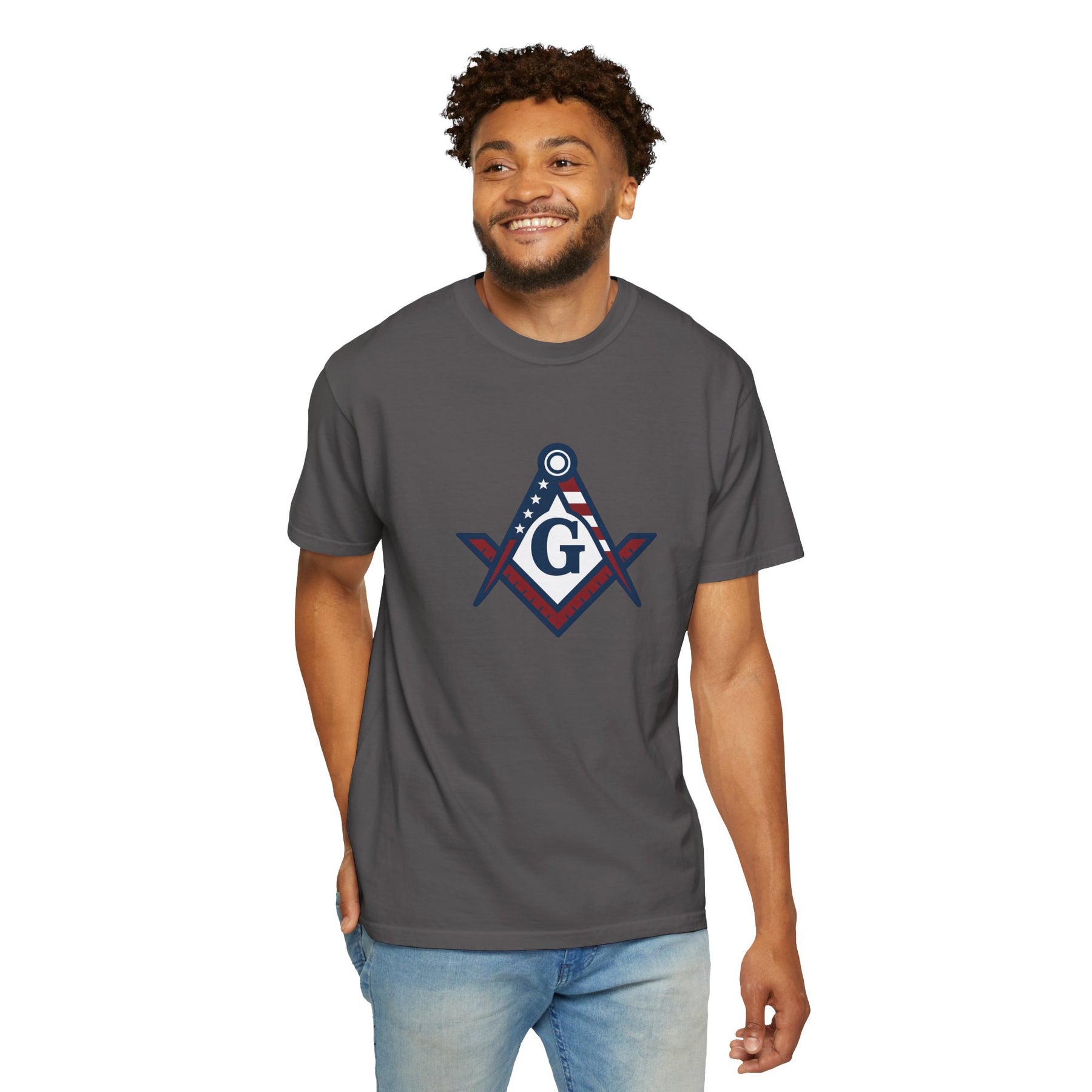 Master Mason Blue Lodge T-Shirt - Garment-Dyed USA Flag Mason - Bricks Masons
