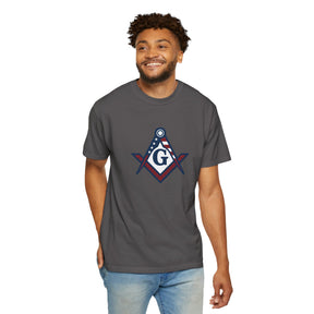 Master Mason Blue Lodge T-Shirt - Garment-Dyed USA Flag Mason - Bricks Masons