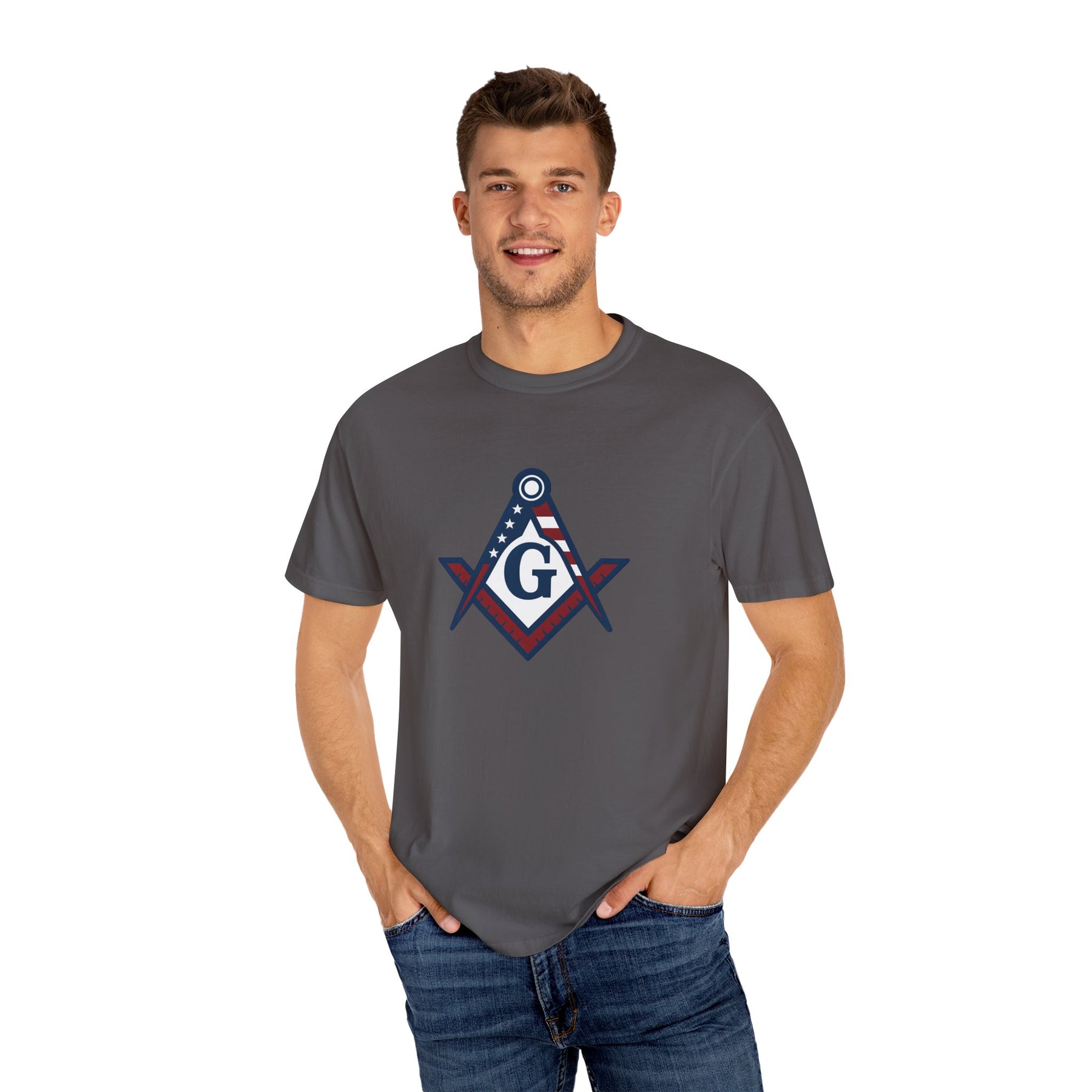 Master Mason Blue Lodge T-Shirt - Garment-Dyed USA Flag Mason - Bricks Masons