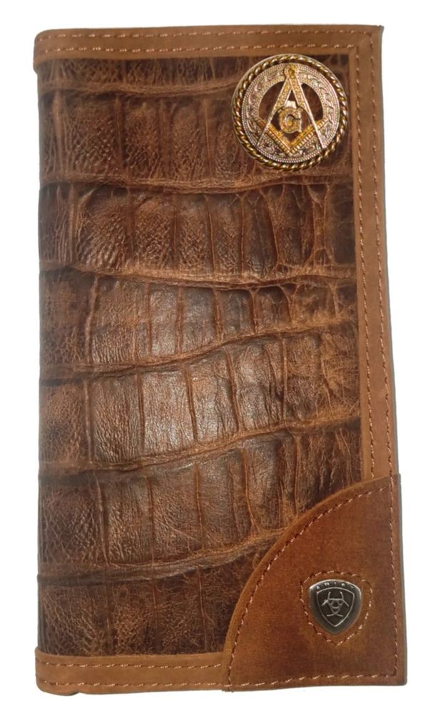 Master Mason Blue Lodge Wallet - Customizable Long Gator Print Leather - Bricks Masons