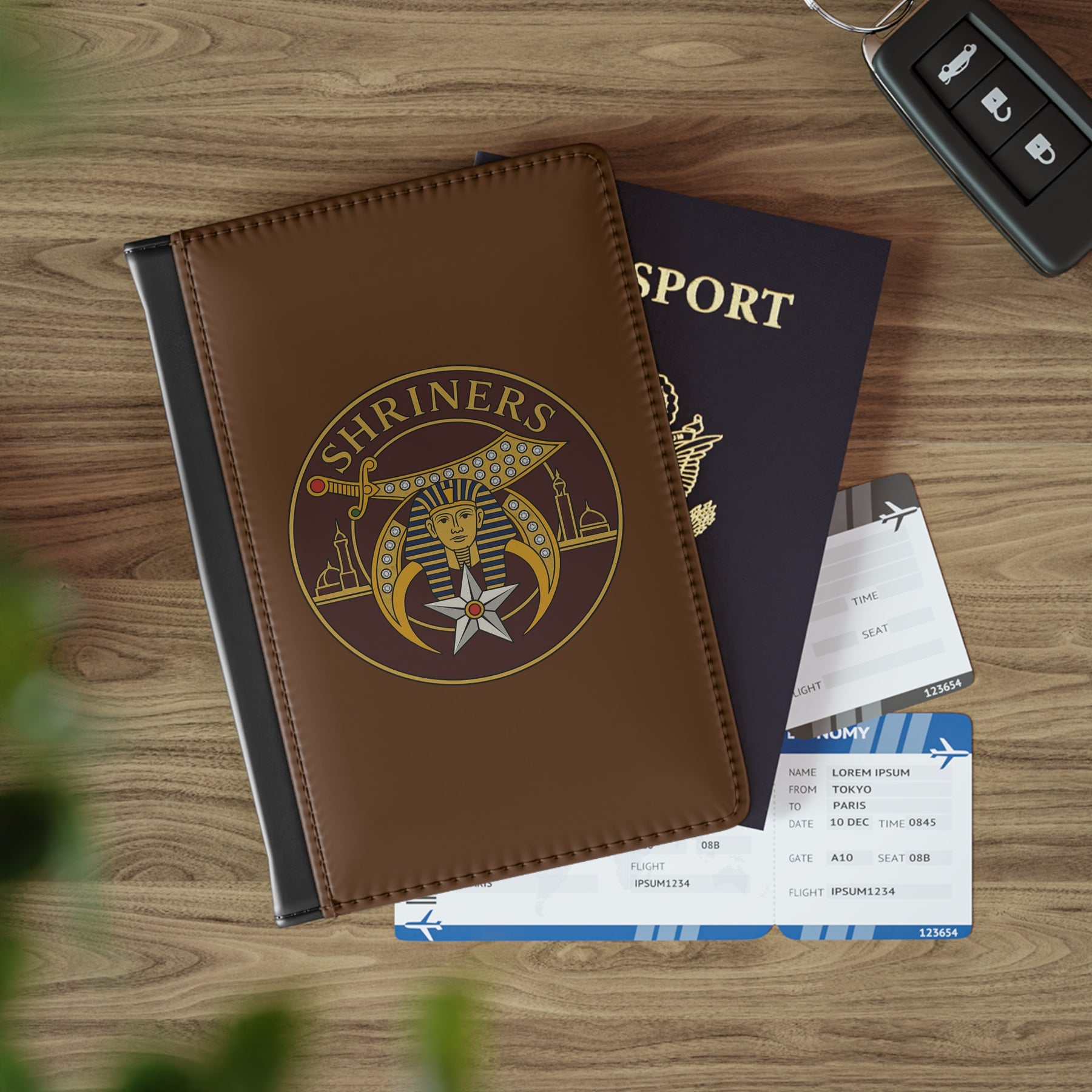 Shriners Passport Cover - Brown PU Leather With Inner Compartments - Bricks Masons