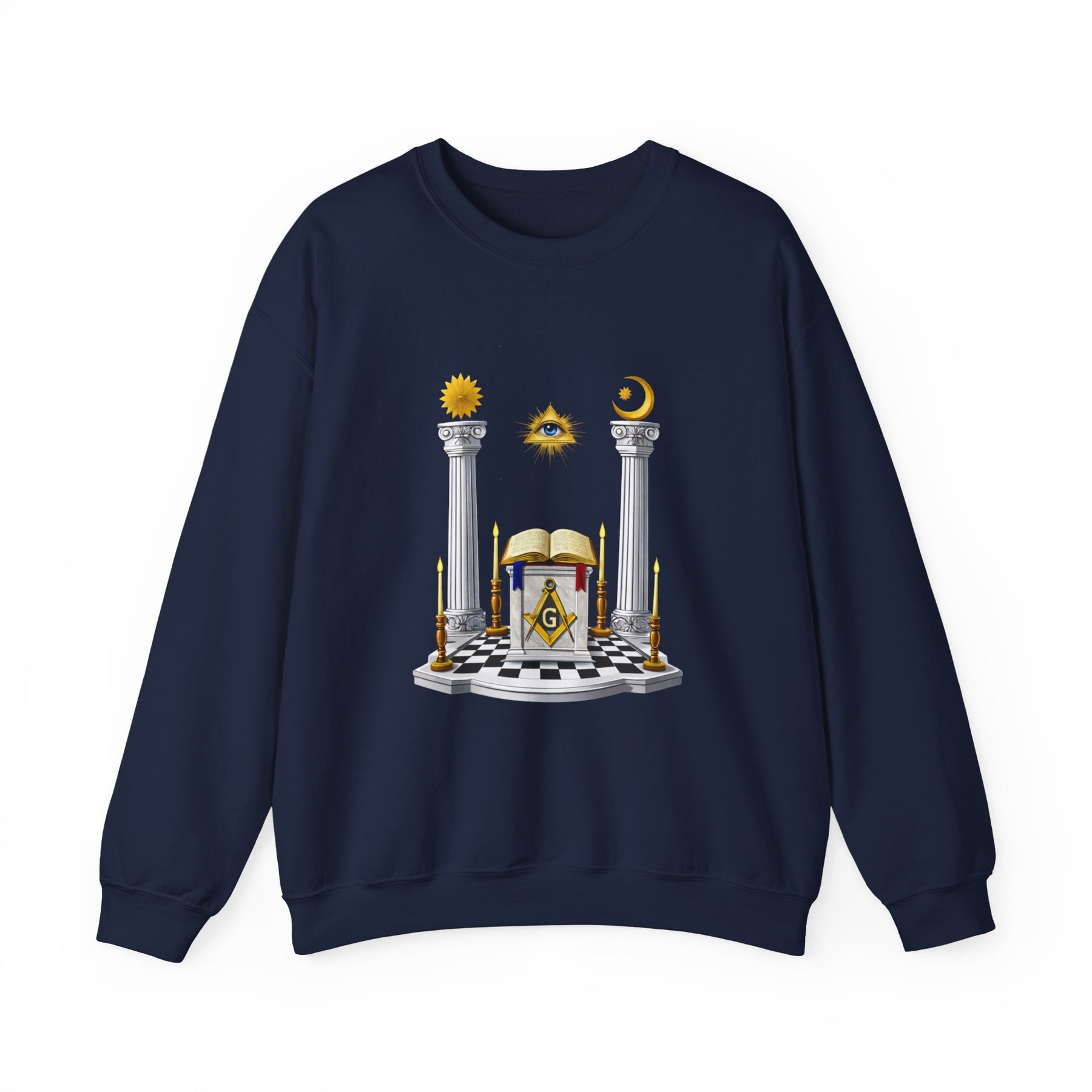 Master Mason Blue Lodge Sweatshirt - S&C G with Altar Pillars and Eye on Checkered Floor - Bricks Masons