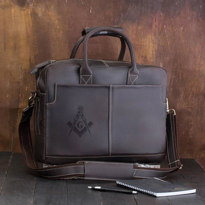 Master Mason Blue Lodge Briefcase - Matte Brown Leather - Bricks Masons