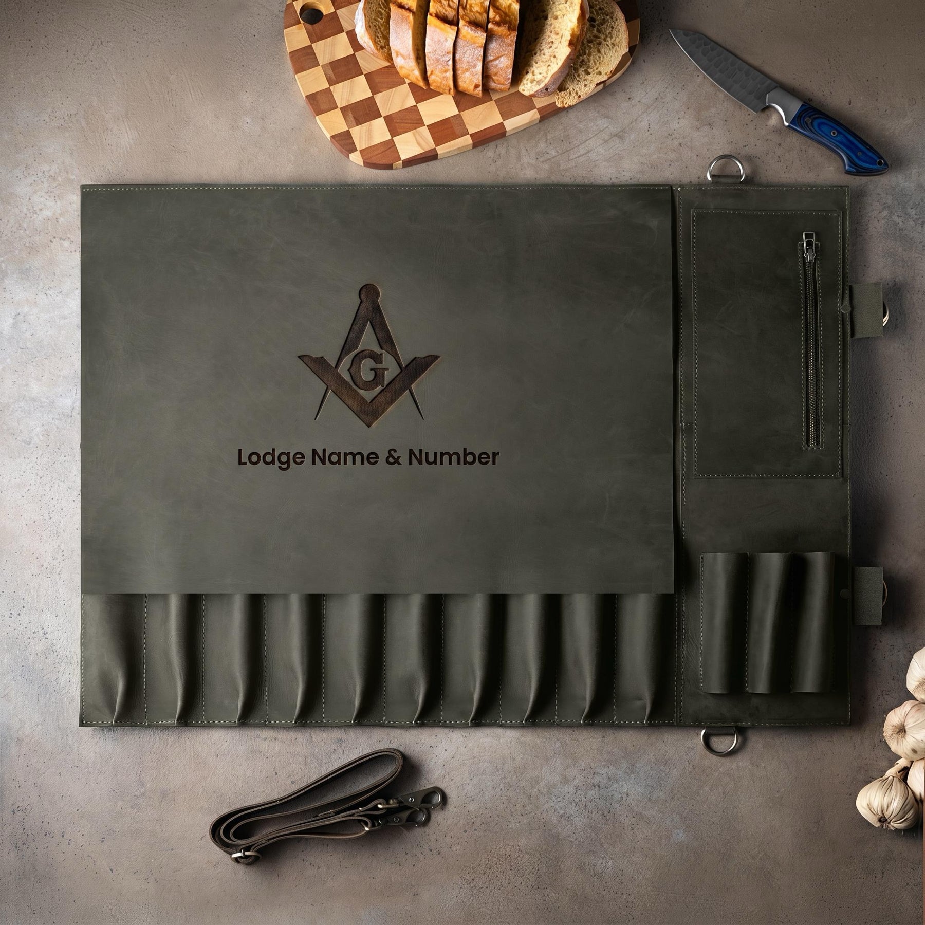 Master Mason Blue Lodge Knife Roll - Square & Compass G 20 Inch Custom Leather Roll - Bricks Masons