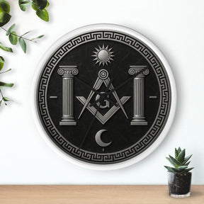 Master Mason Blue Lodge Clock - S&C with Pillars Sun & Moon on Wooden Frame - Bricks Masons