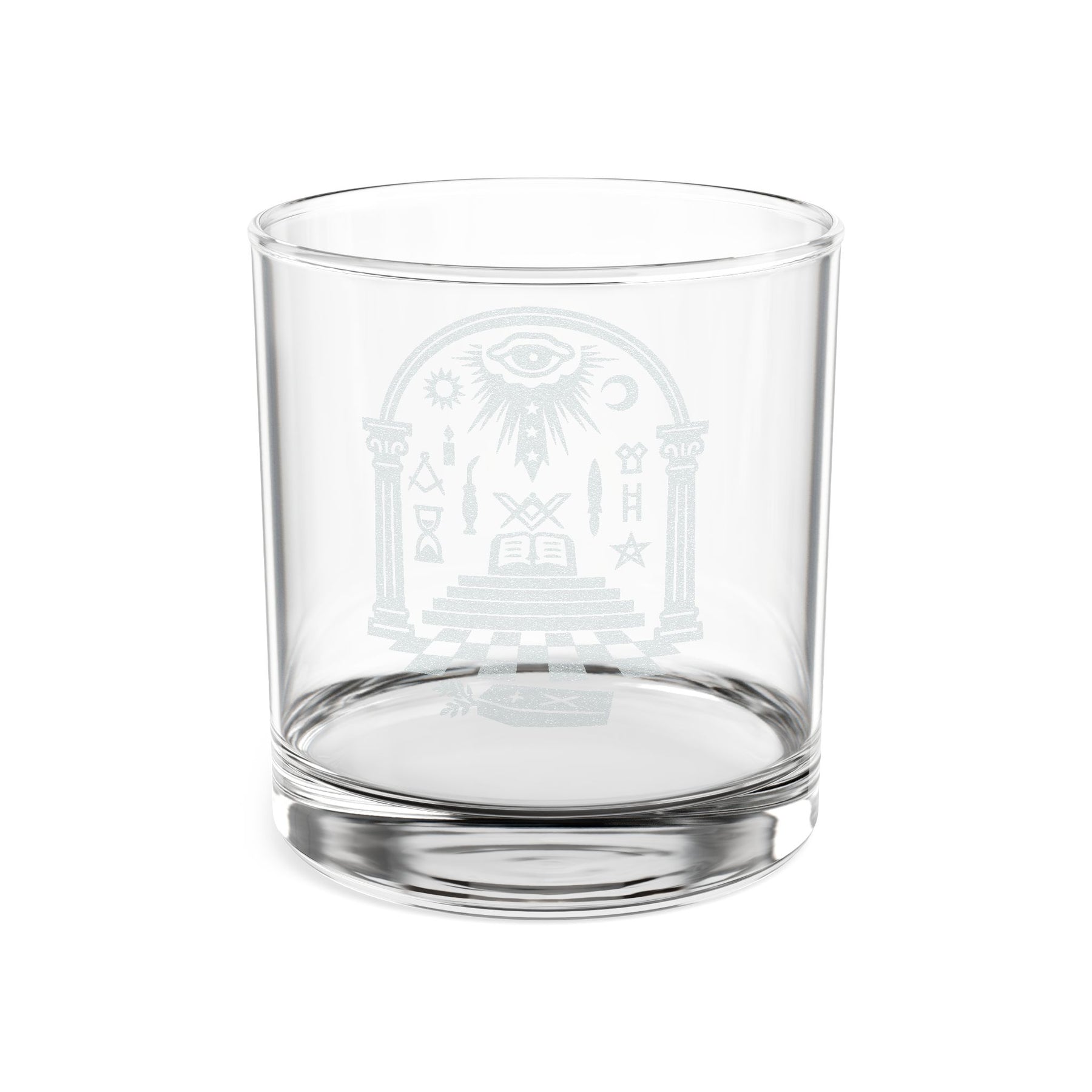 Master Mason Blue Lodge Whiskey Glass - Checkered Floor Pillars All-Seeing Eye & Tools