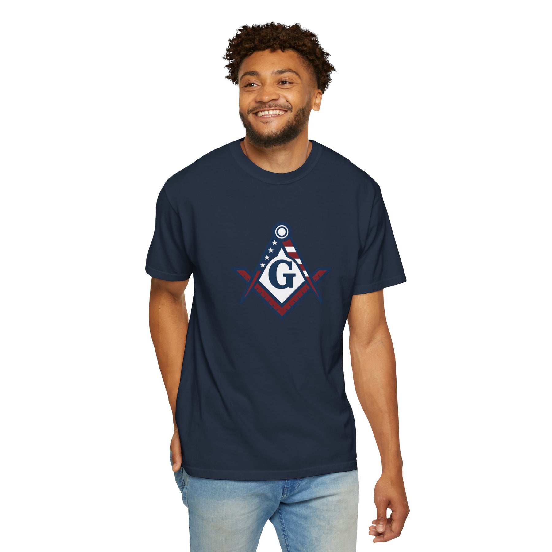 Master Mason Blue Lodge T-Shirt - Garment-Dyed USA Flag Mason - Bricks Masons