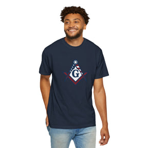 Master Mason Blue Lodge T-Shirt - Garment-Dyed USA Flag Mason - Bricks Masons