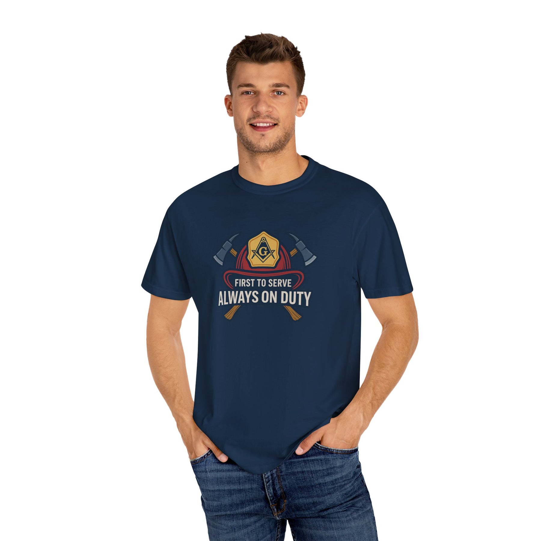 Master Mason Blue Lodge T-Shirt - Garment-Dyed Firefighter Tee - Bricks Masons