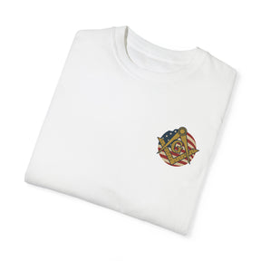 Master Mason Blue Lodge T-Shirt - Garment-Dyed US Flag Square & Compass G - Bricks Masons